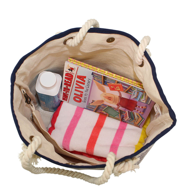 navy stripe tote bag inside view