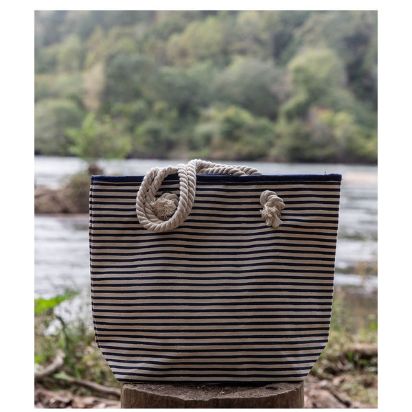 navy stripe tote bag lifestyle view