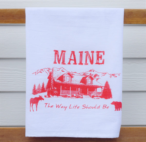Maine cabin scene tea towel