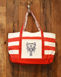 red beach bag with lobster print