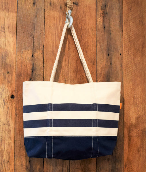 navy stripe beach bag
